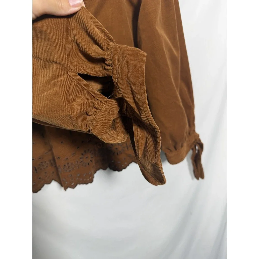 Madewell Corduroy Eyelet Embroidered Tie Sleeve Blouse Brown L Cottagecore